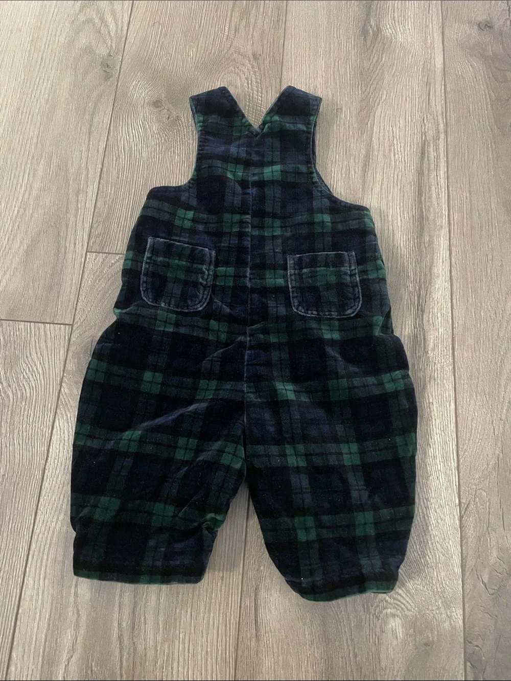 Ralph Lauren Baby Green & Black Plaid Velvet Overalls Sz:6-9M